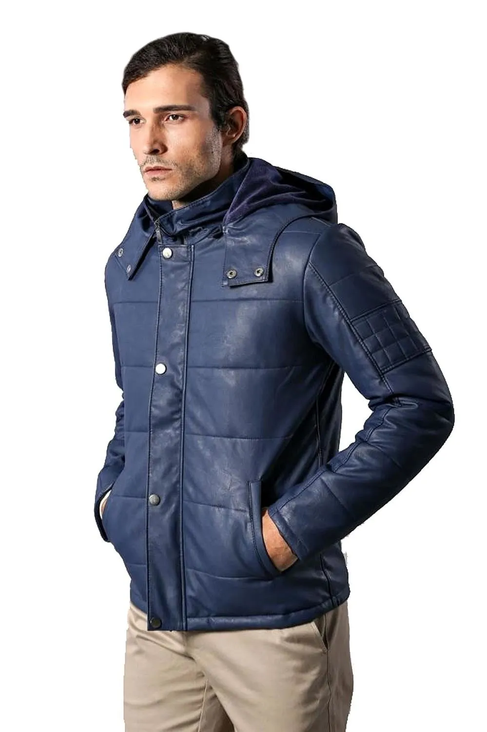 15664 Blue Hooded Leather Look Jacket