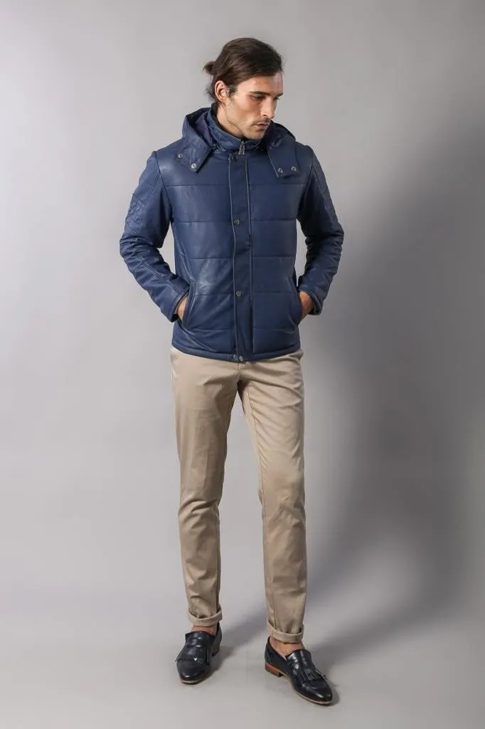 15664 Blue Hooded Leather Look Jacket