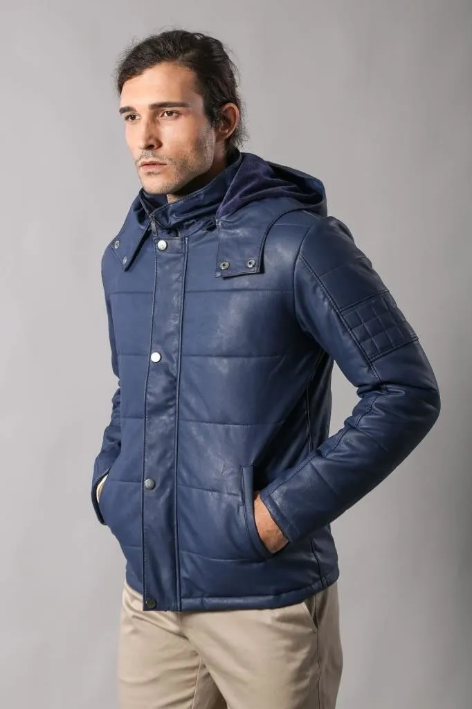 15664 Blue Hooded Leather Look Jacket