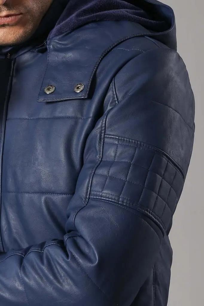 15664 Blue Hooded Leather Look Jacket