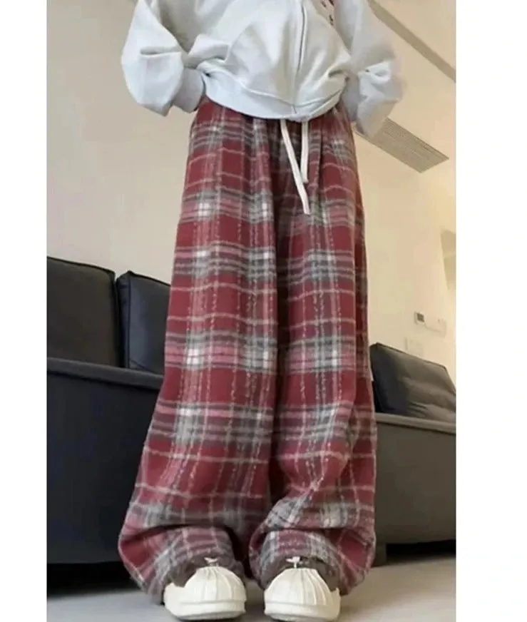 Aiertu Women Baggy Plaid Sweatpants Harajuku Jogger Streetwear Fashion Oversize High Waist Y2k Pants Vintage Wide Leg Trousers Clothes