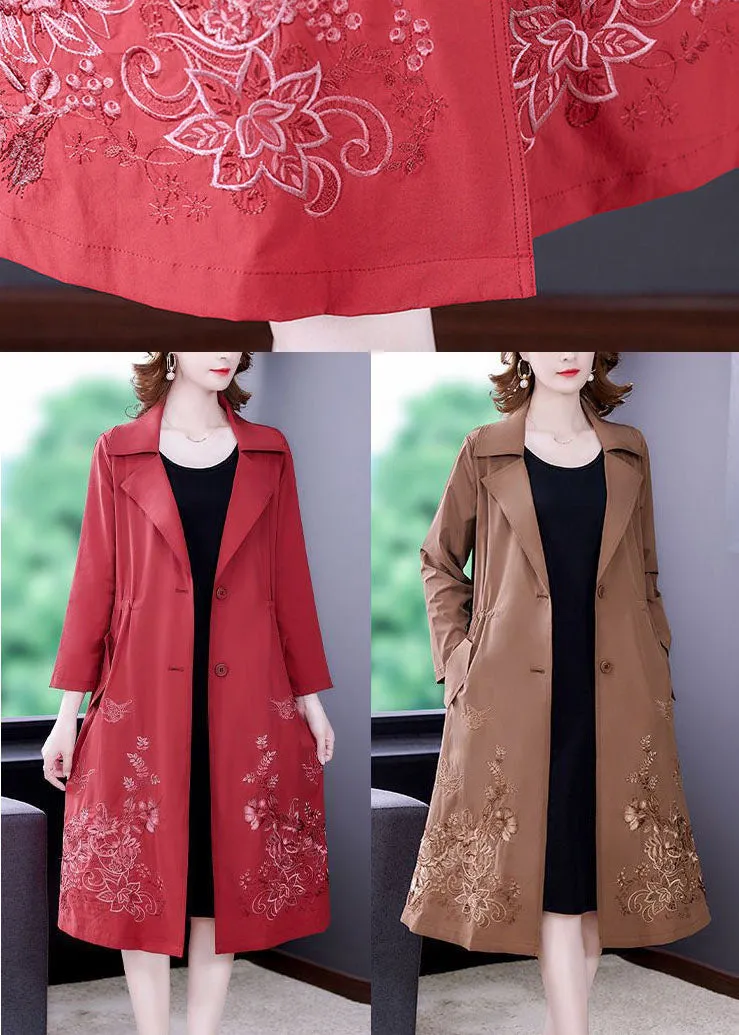 Art Red Notched Collar Pockets Spandex Trench Coat Outwear Fall