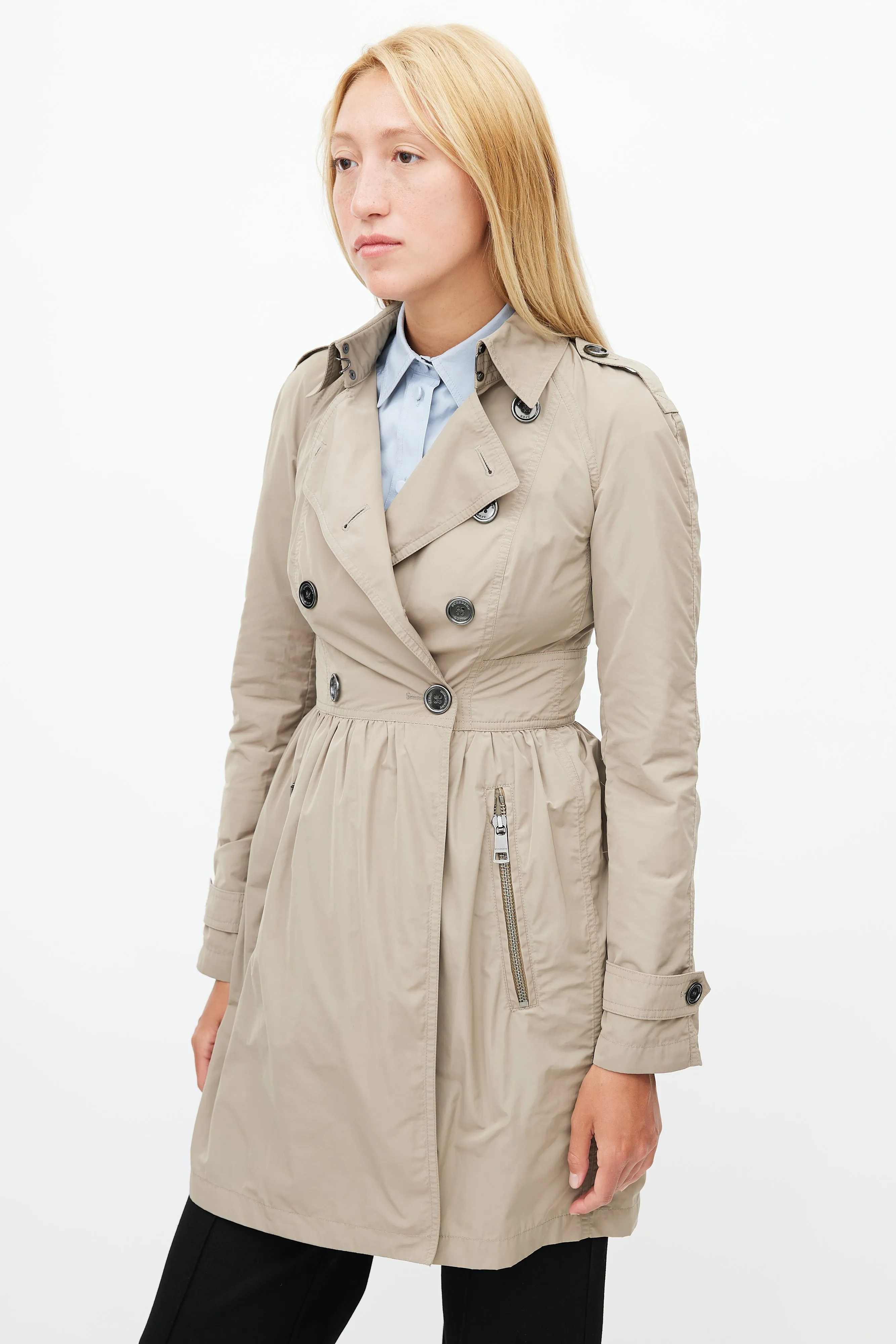 Beige Nylon Double Breasted Trench Coat