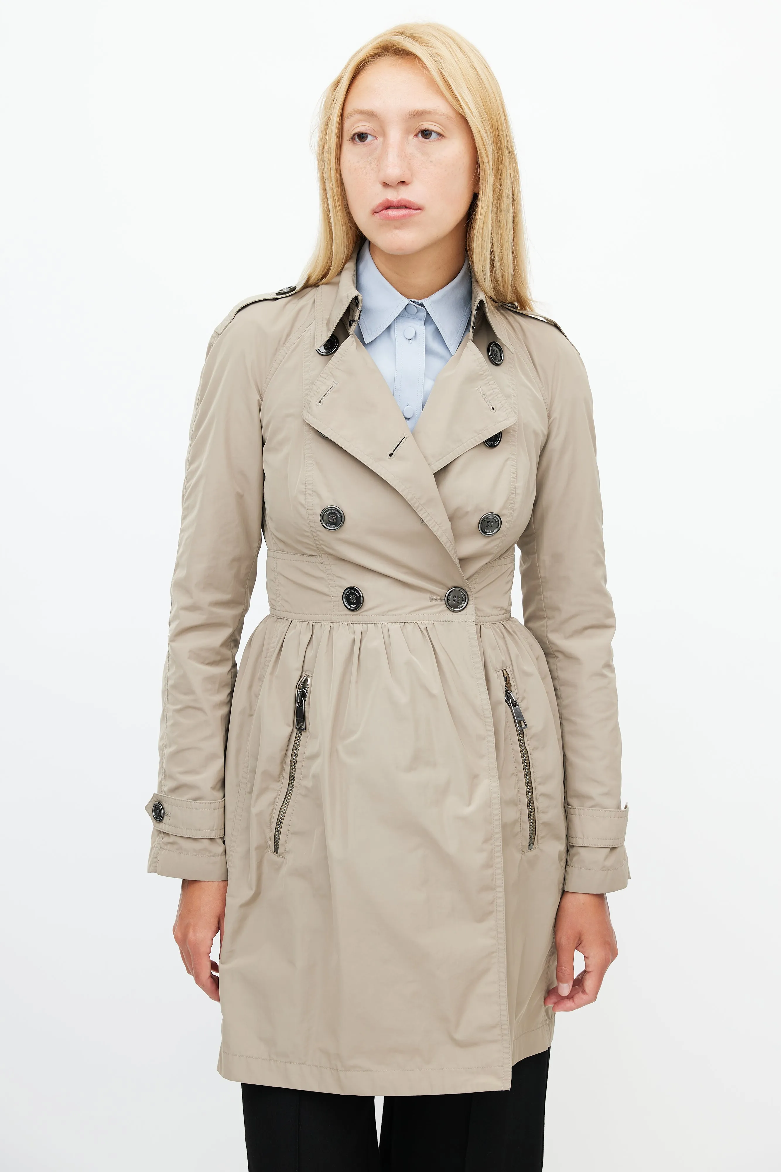 Beige Nylon Double Breasted Trench Coat