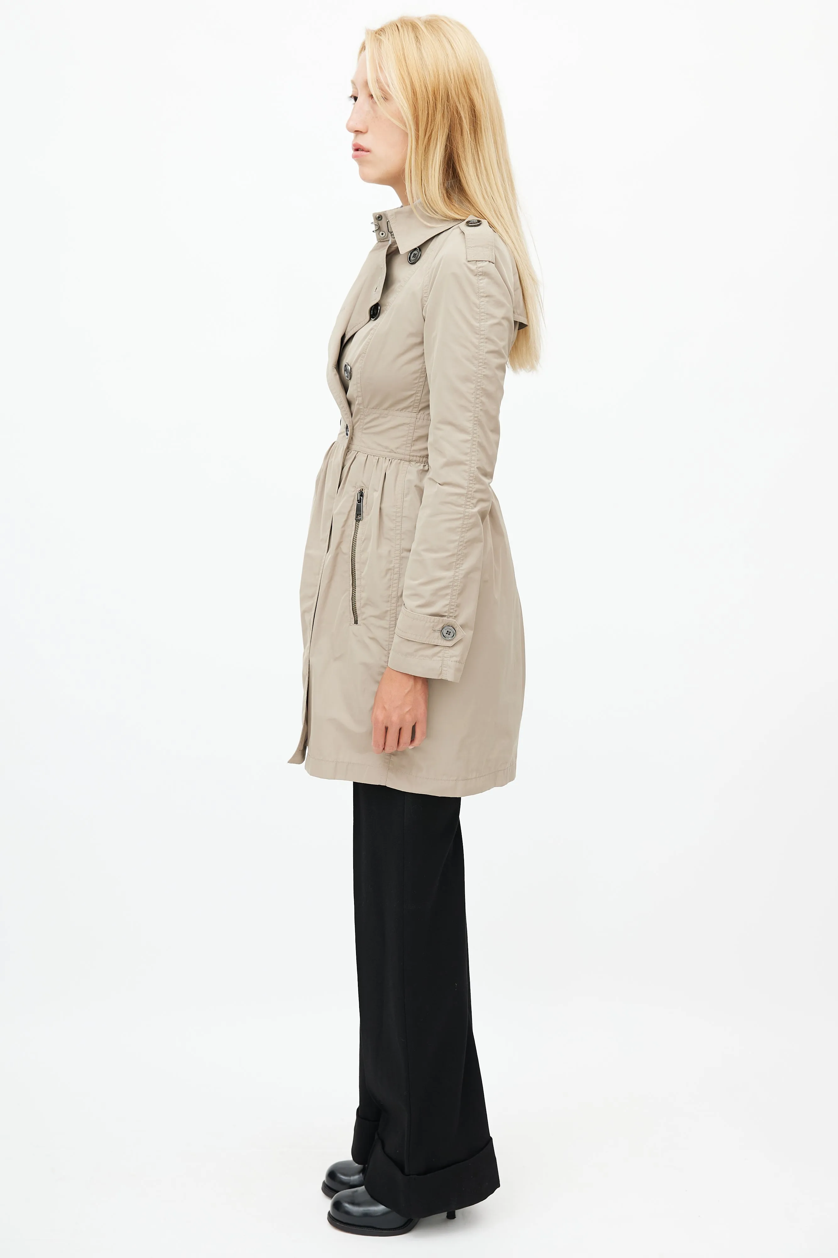 Beige Nylon Double Breasted Trench Coat