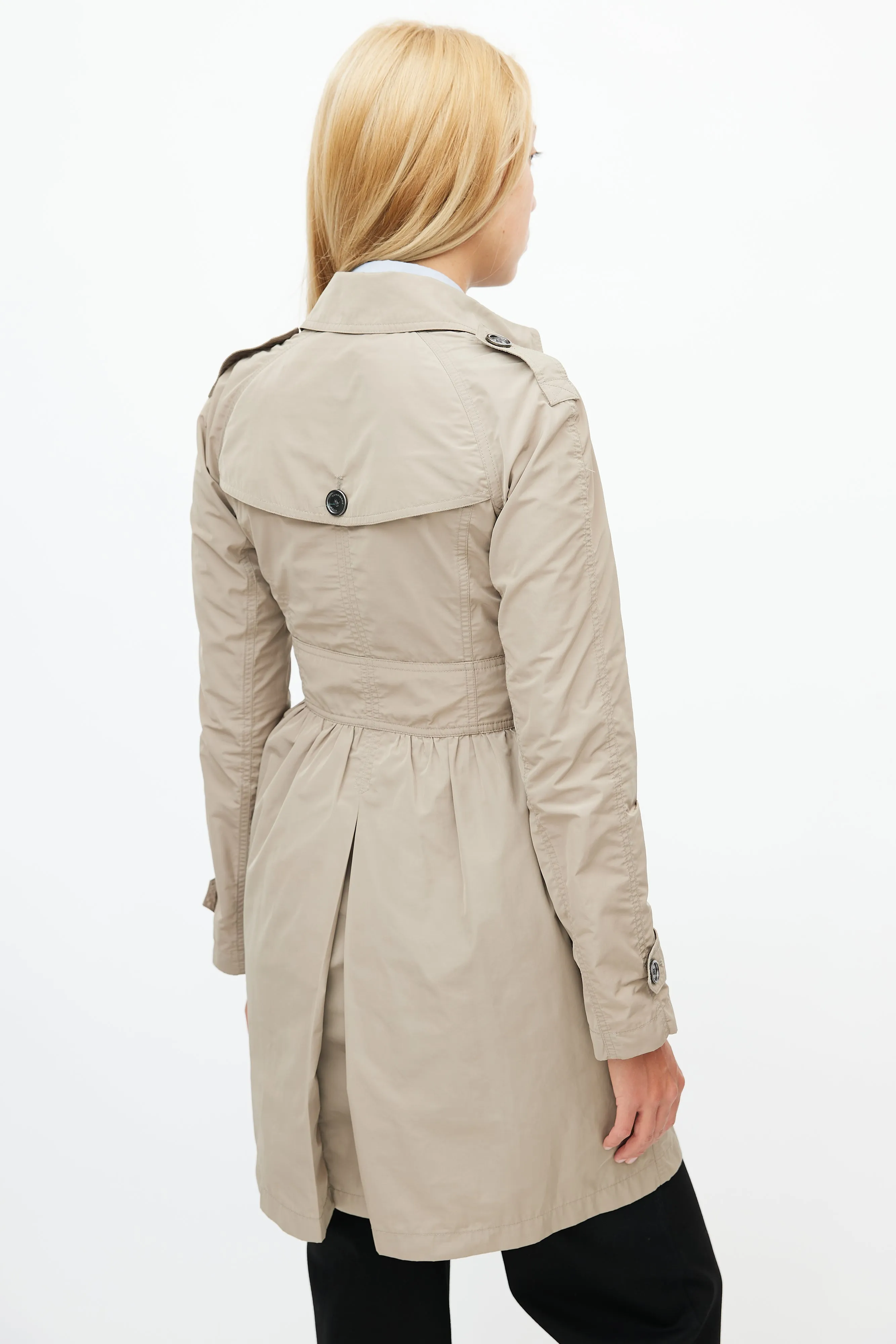 Beige Nylon Double Breasted Trench Coat