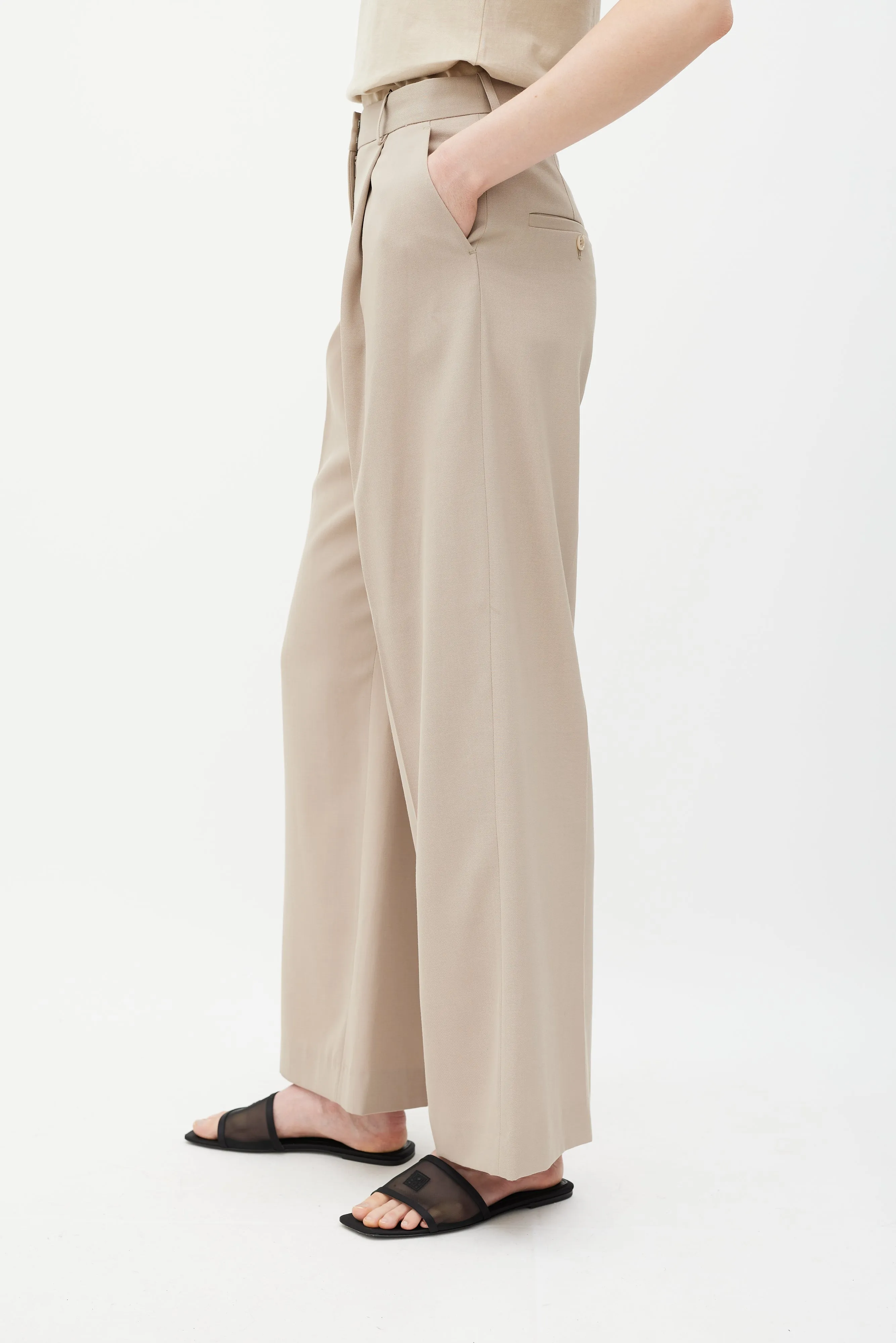 Beige Wool Straight Leg Trousers