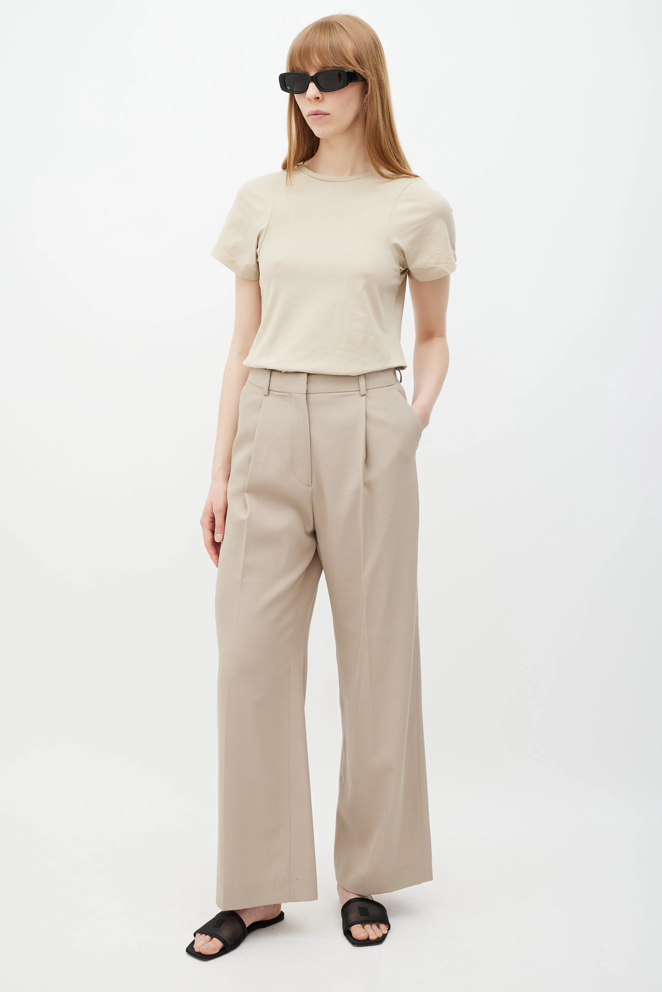 Beige Wool Straight Leg Trousers