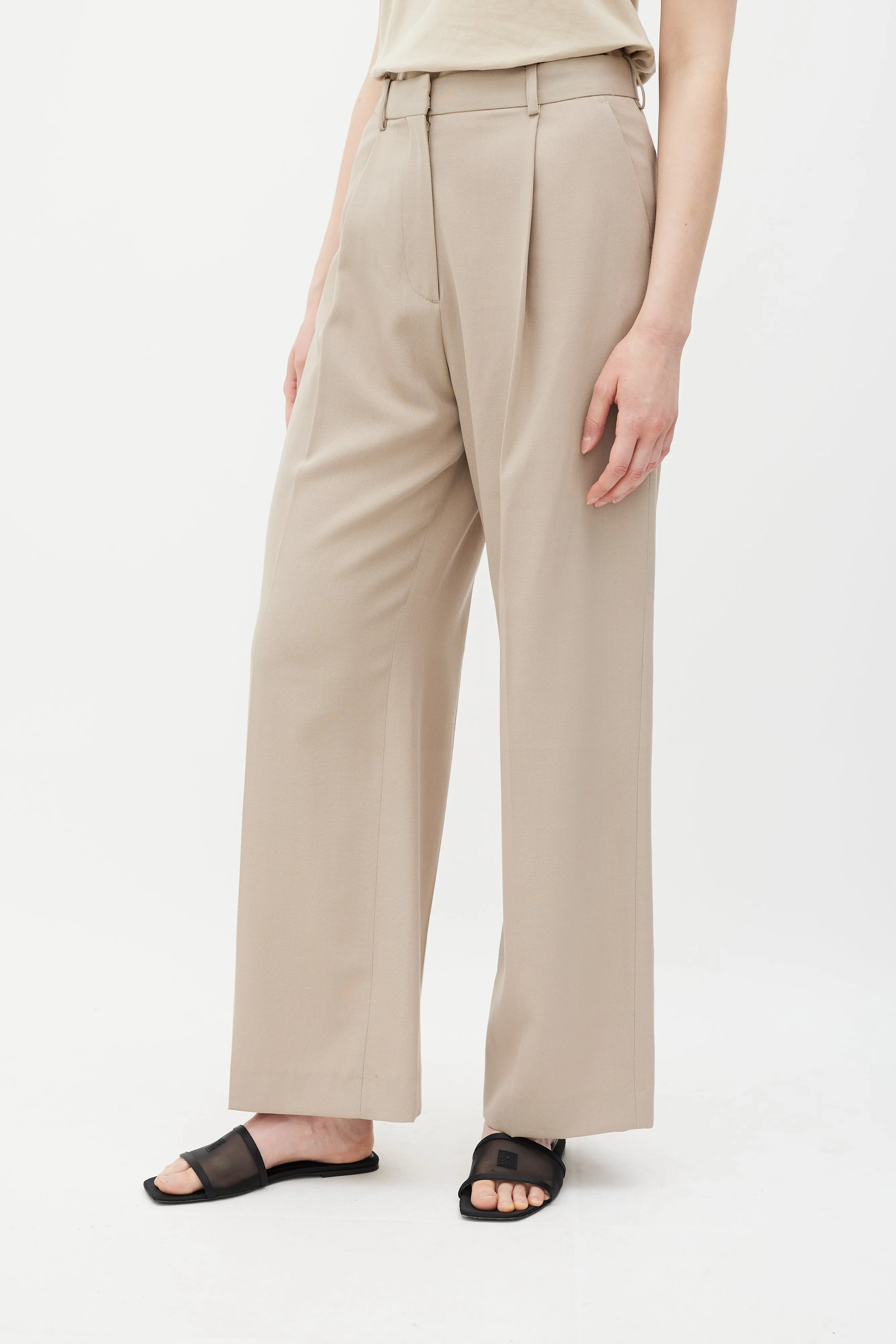 Beige Wool Straight Leg Trousers