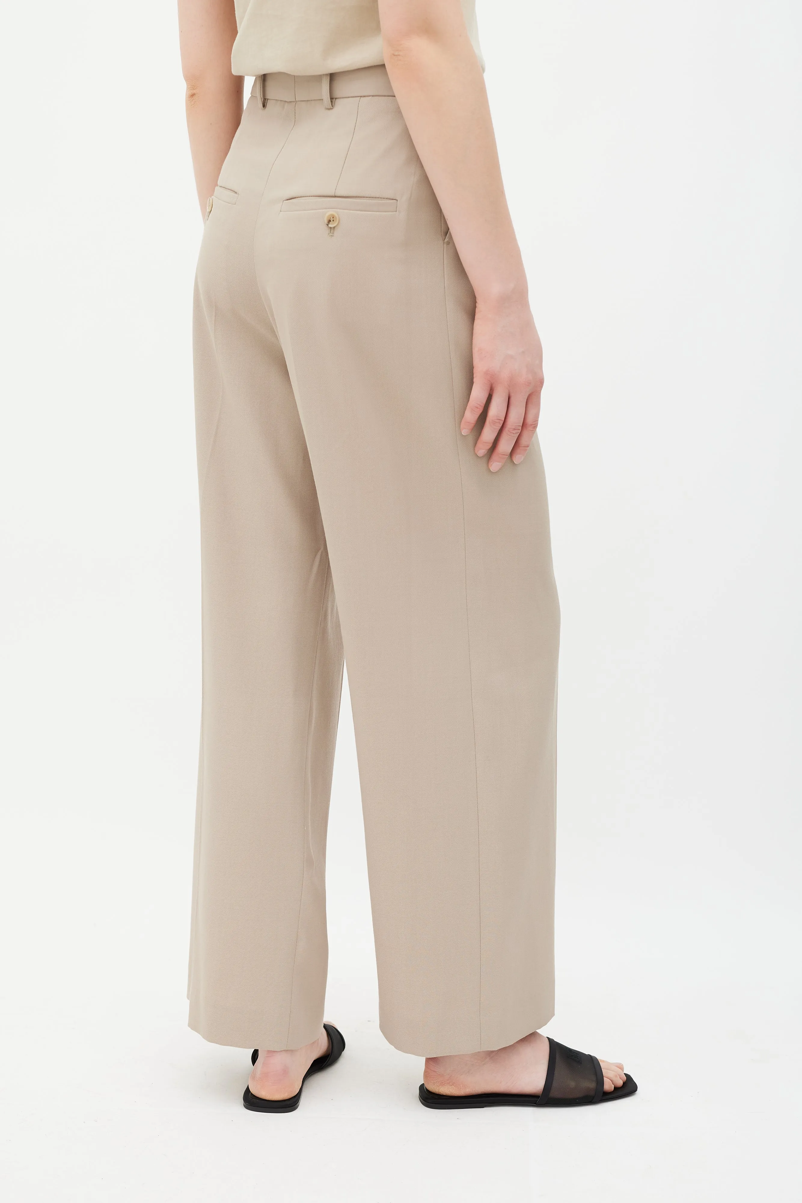 Beige Wool Straight Leg Trousers