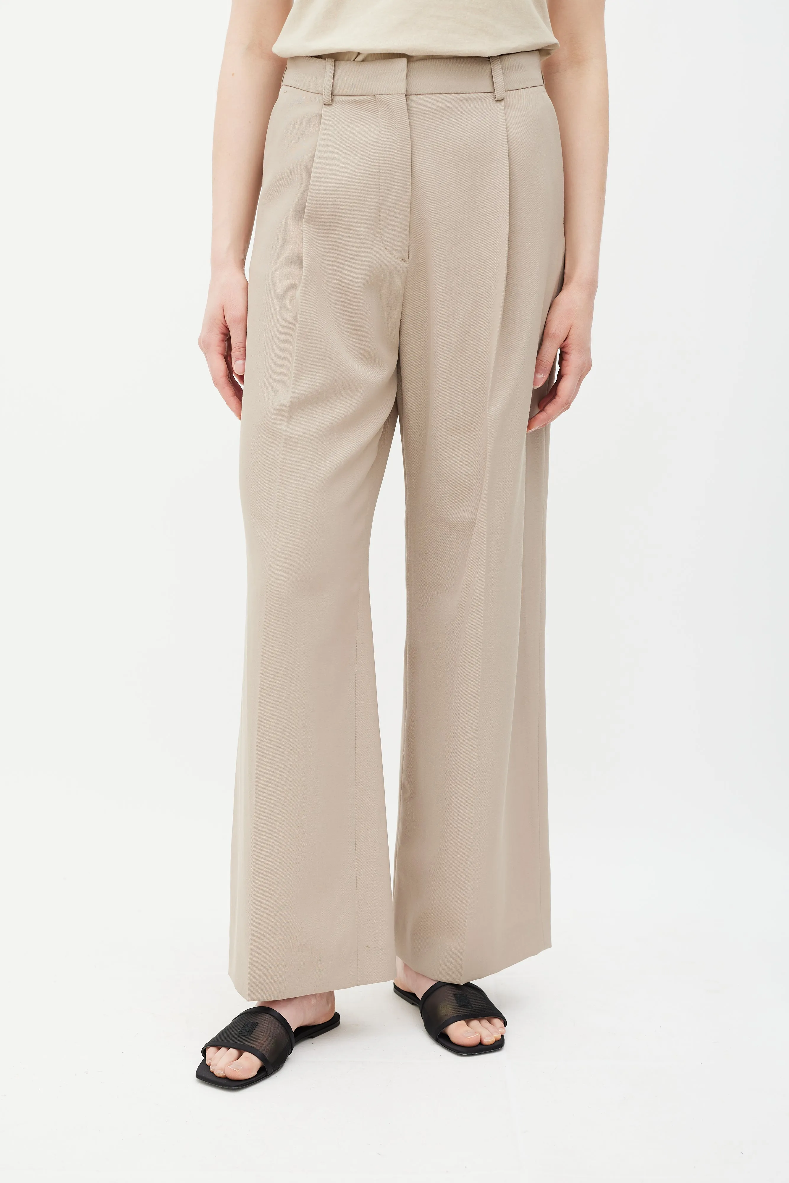 Beige Wool Straight Leg Trousers