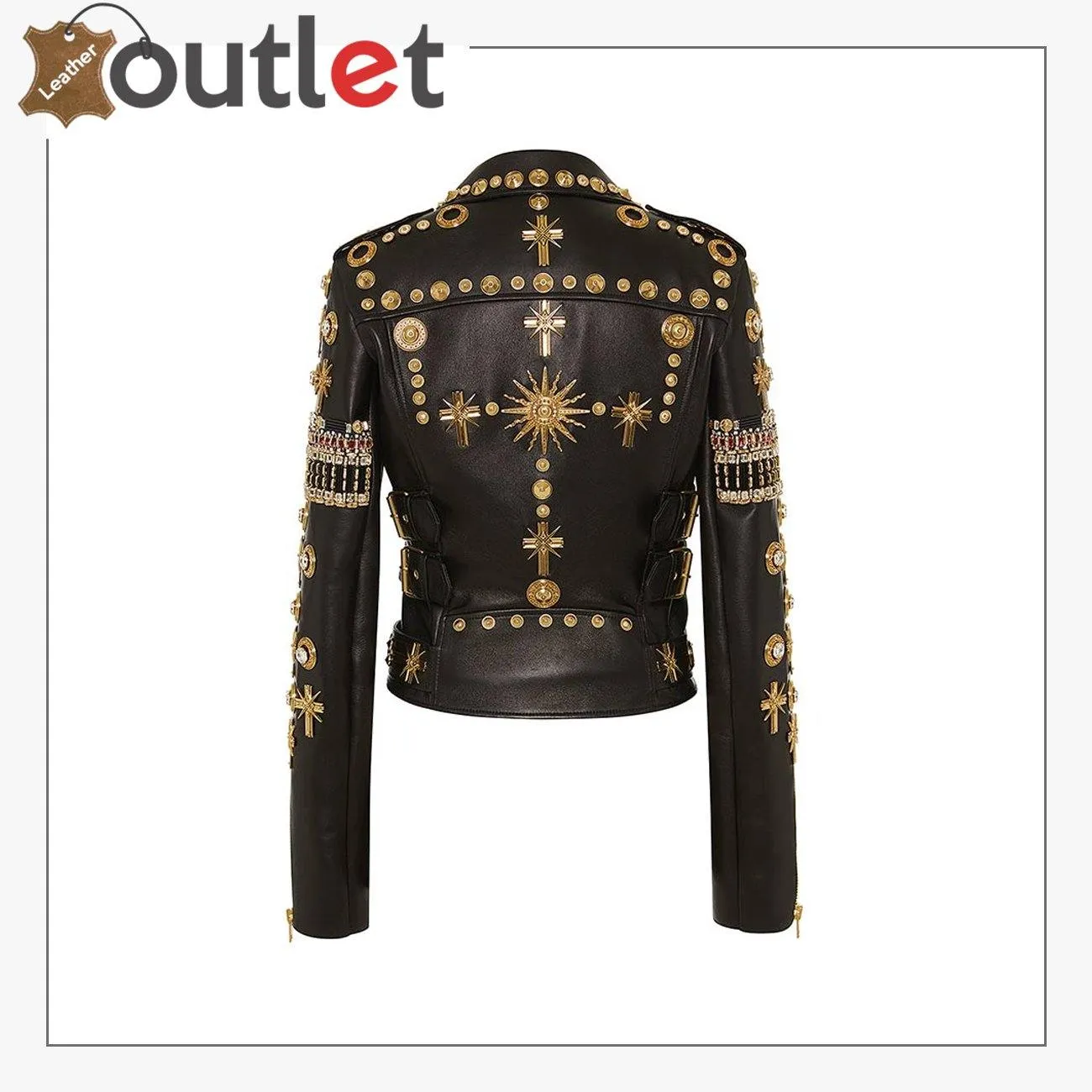 Black & Golden Embroidered Studded Leather Jacket