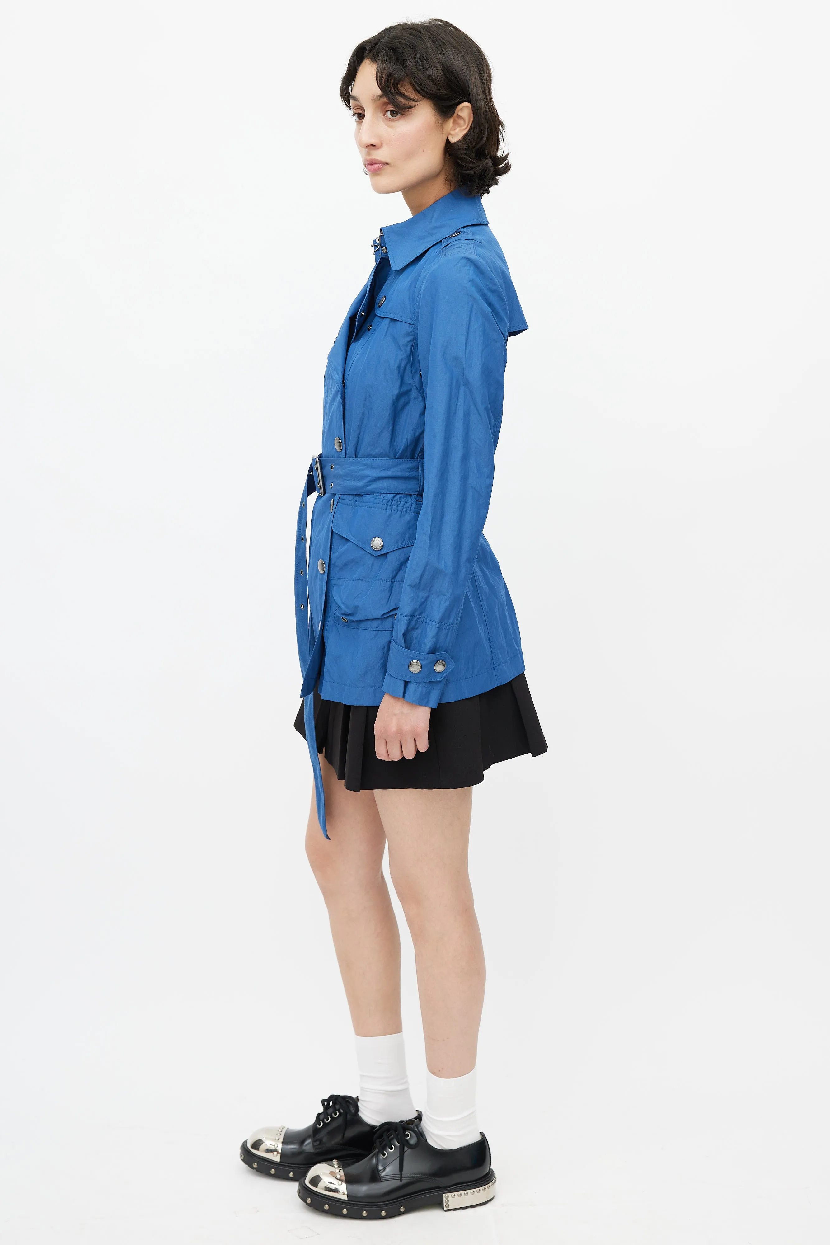 Blue Double Breasted Short Nylon Trench Coat