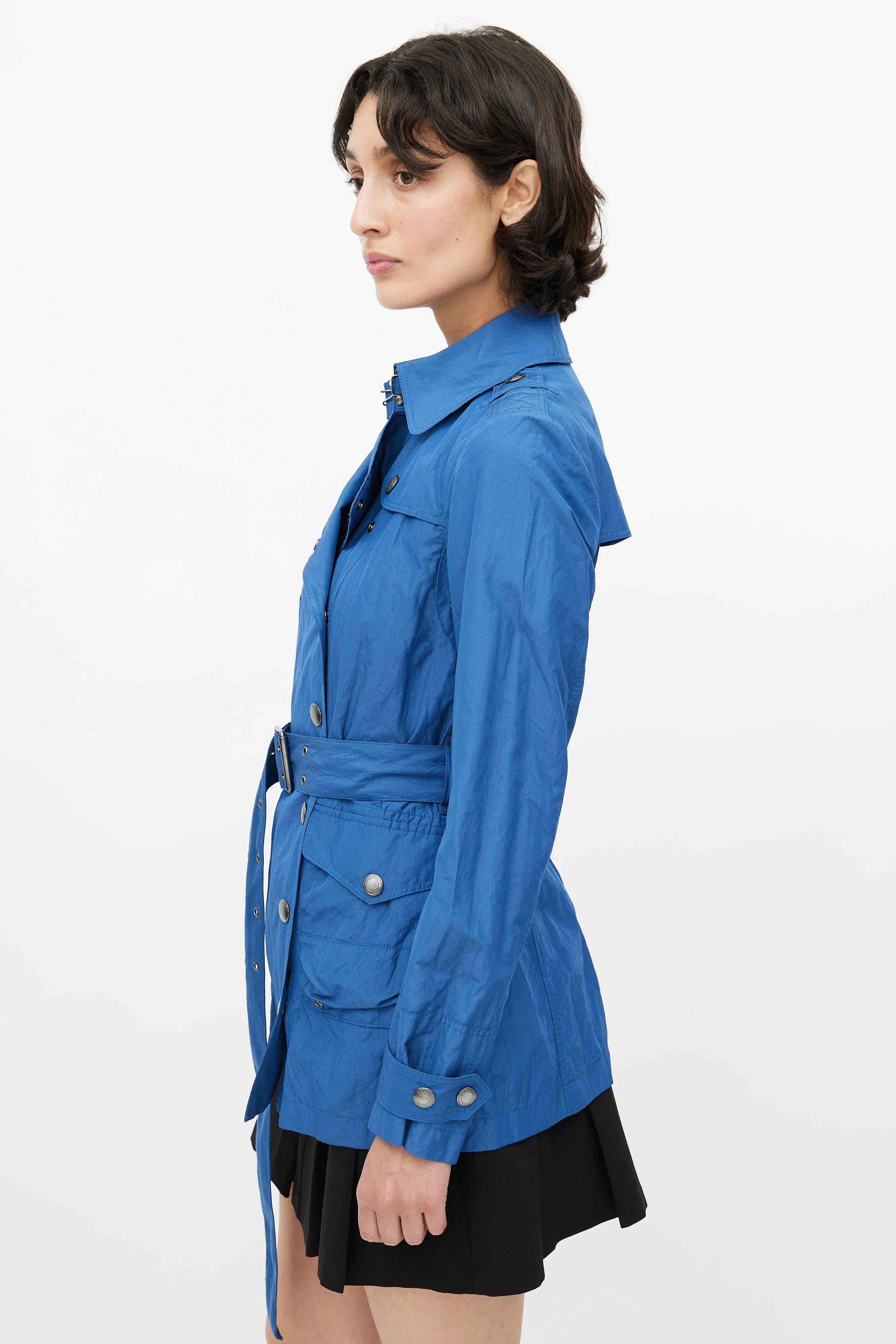 Blue Double Breasted Short Nylon Trench Coat