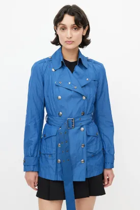 Blue Double Breasted Short Nylon Trench Coat