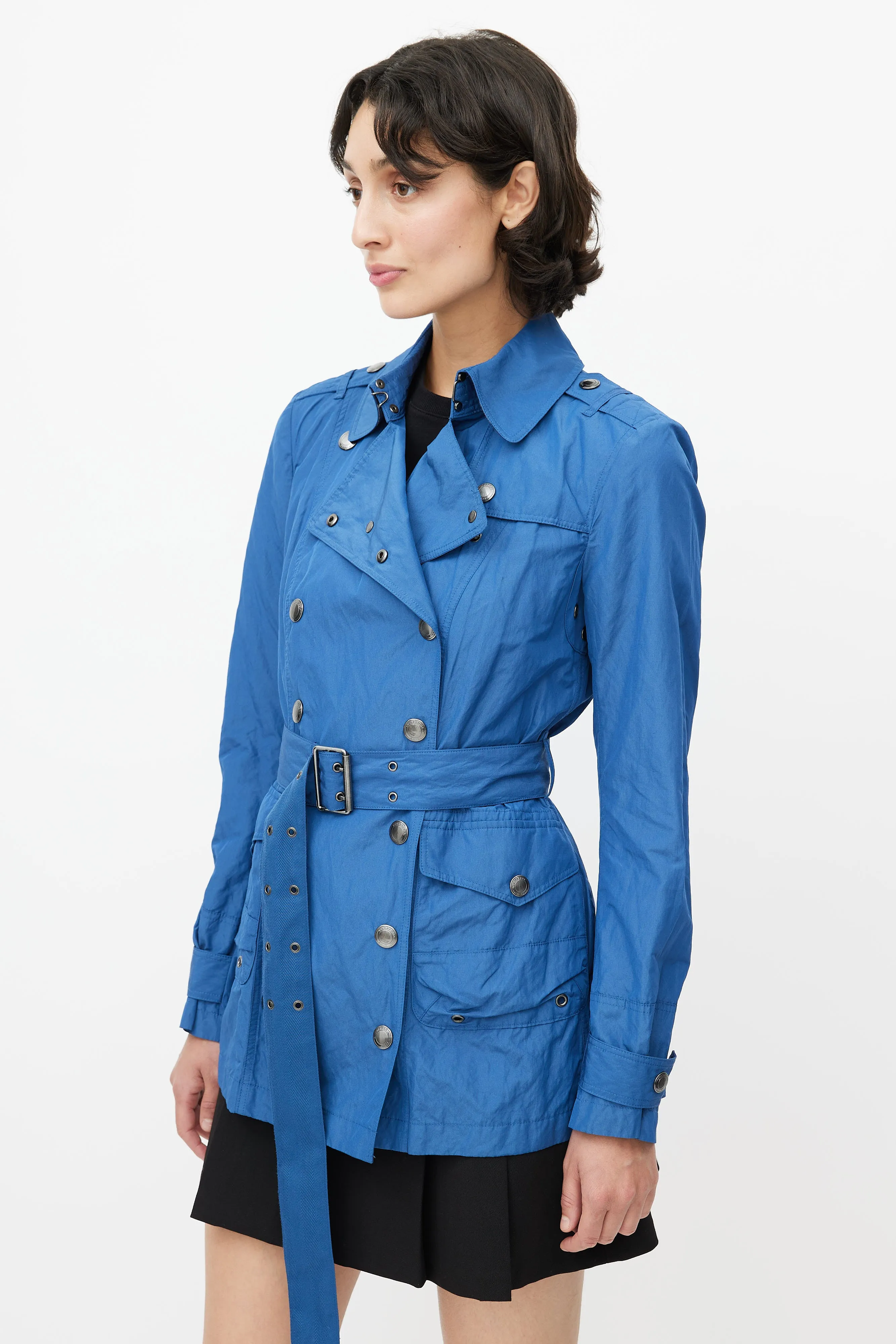 Blue Double Breasted Short Nylon Trench Coat