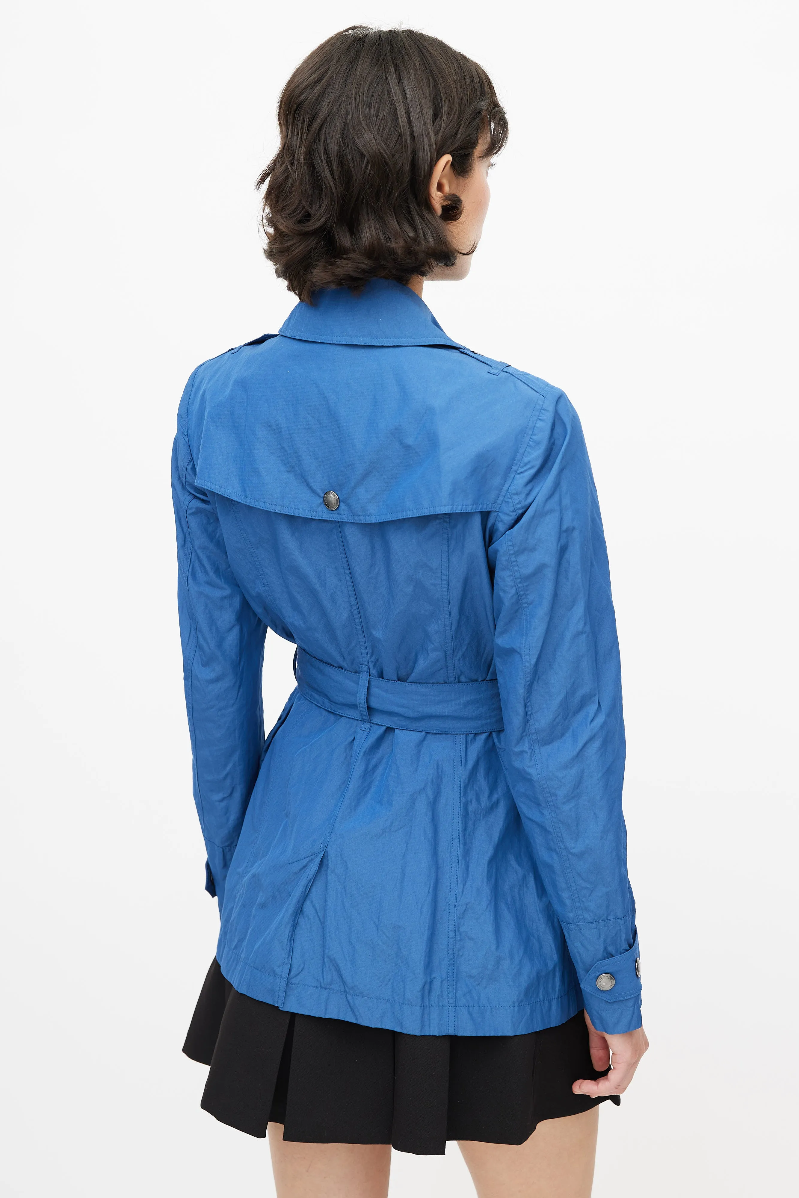 Blue Double Breasted Short Nylon Trench Coat