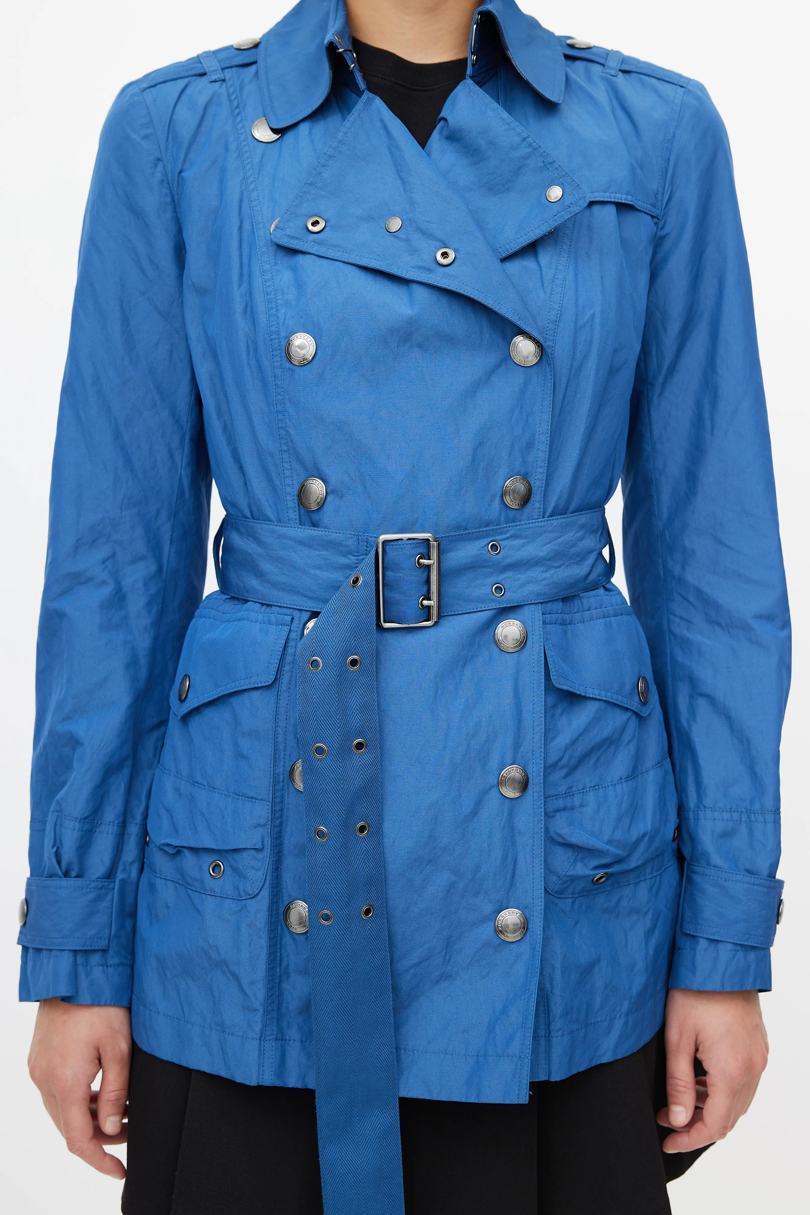 Blue Double Breasted Short Nylon Trench Coat