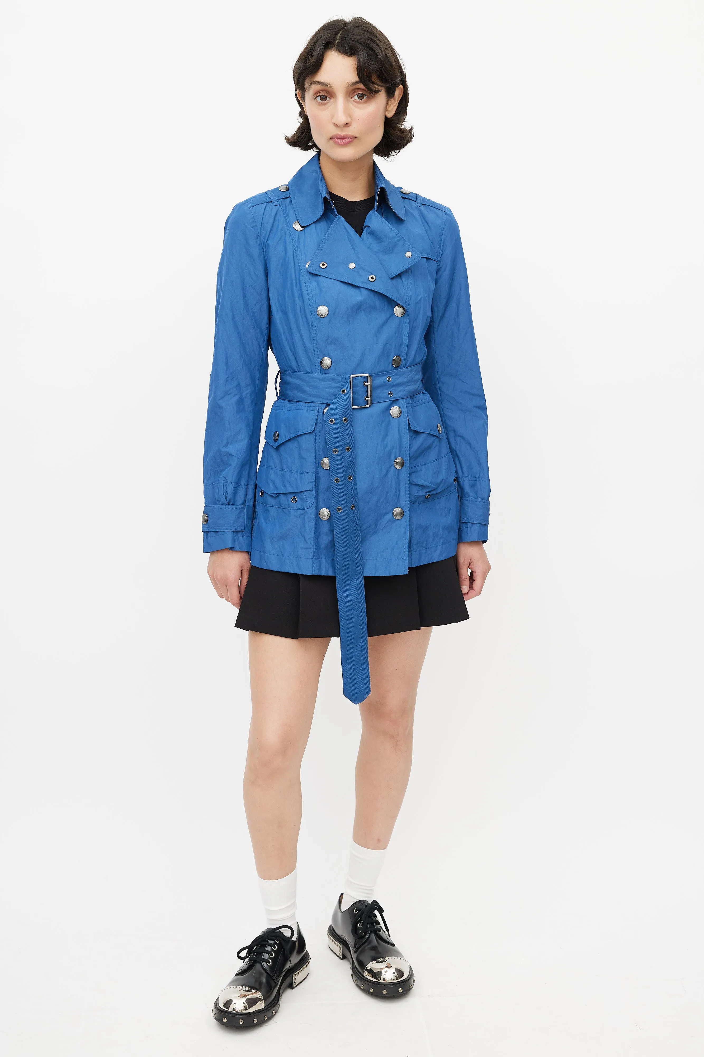 Blue Double Breasted Short Nylon Trench Coat