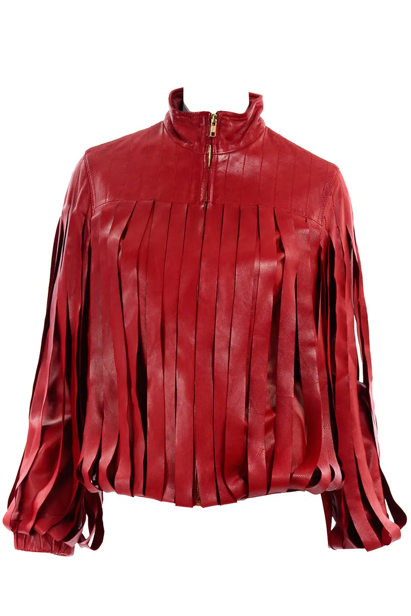 Bottega Veneta Red Leather Jacket w Attached Fringe Panels