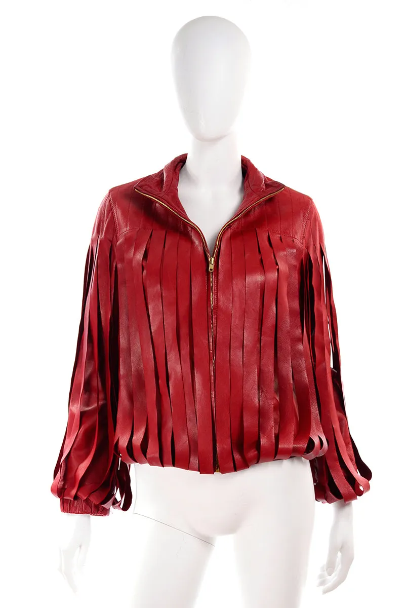 Bottega Veneta Red Leather Jacket w Attached Fringe Panels