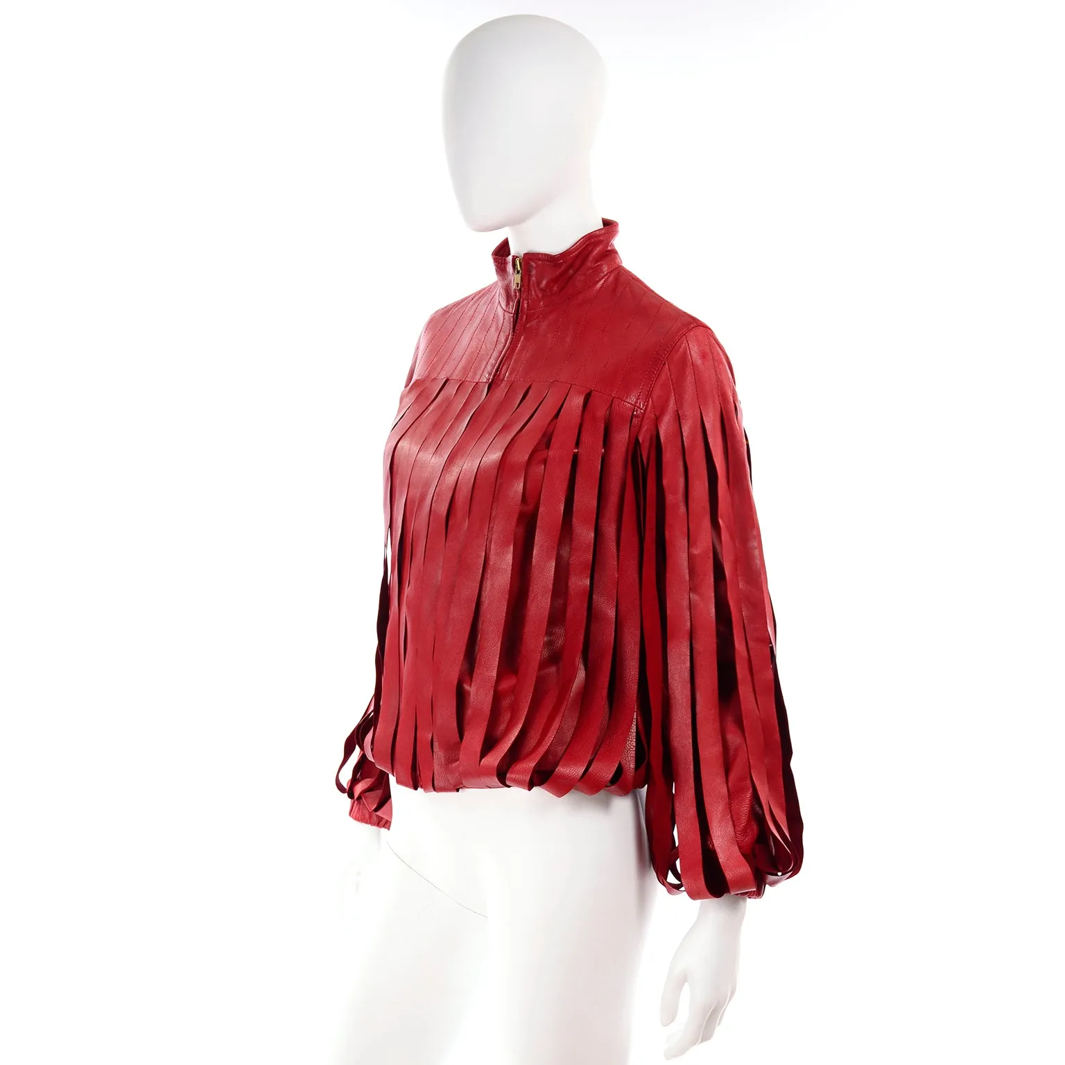 Bottega Veneta Red Leather Jacket w Attached Fringe Panels