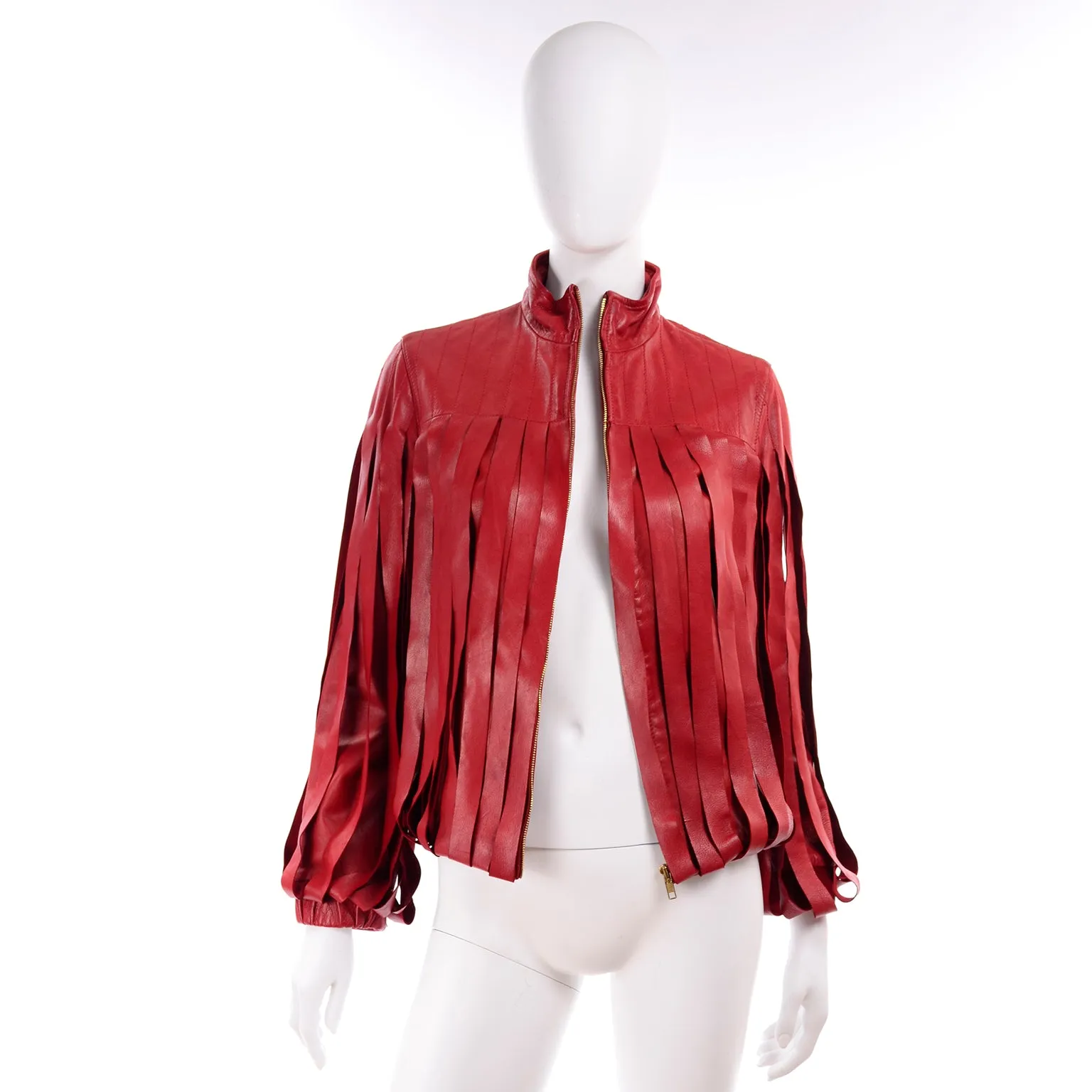 Bottega Veneta Red Leather Jacket w Attached Fringe Panels