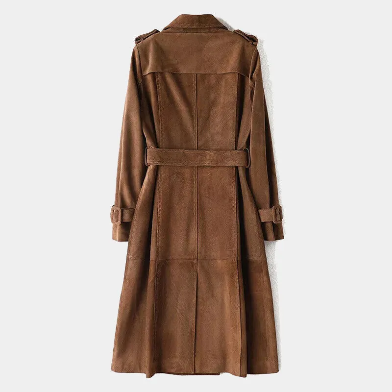 Brown Suede Goatskin Long Biker Trench Coat for Women