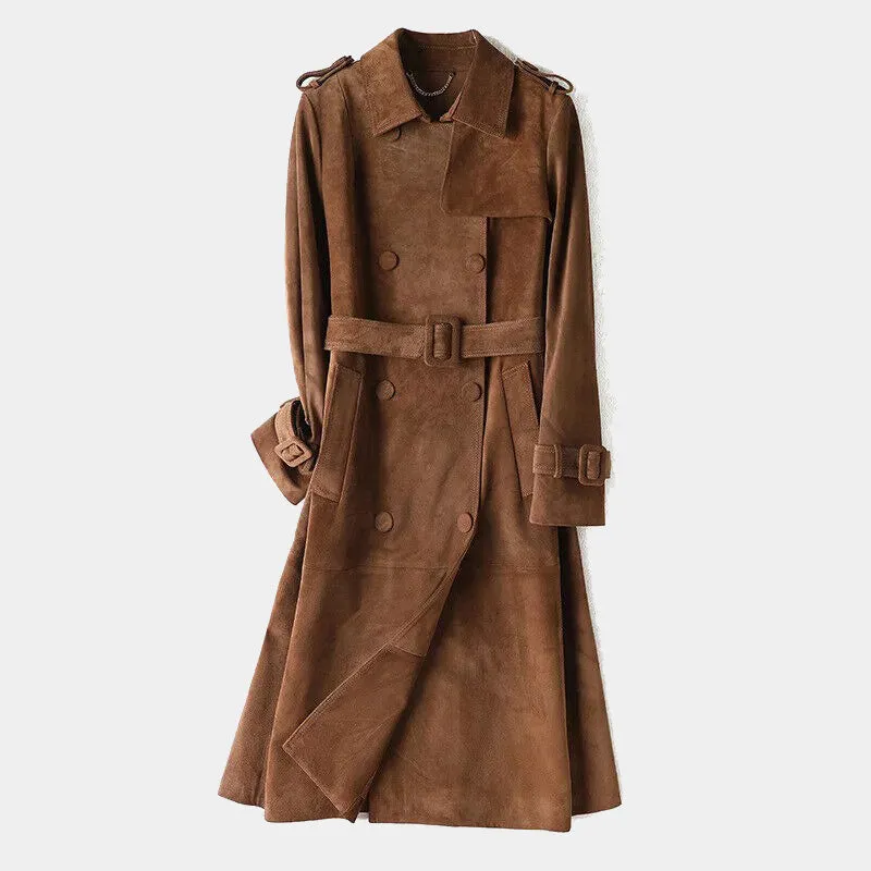 Brown Suede Goatskin Long Biker Trench Coat for Women