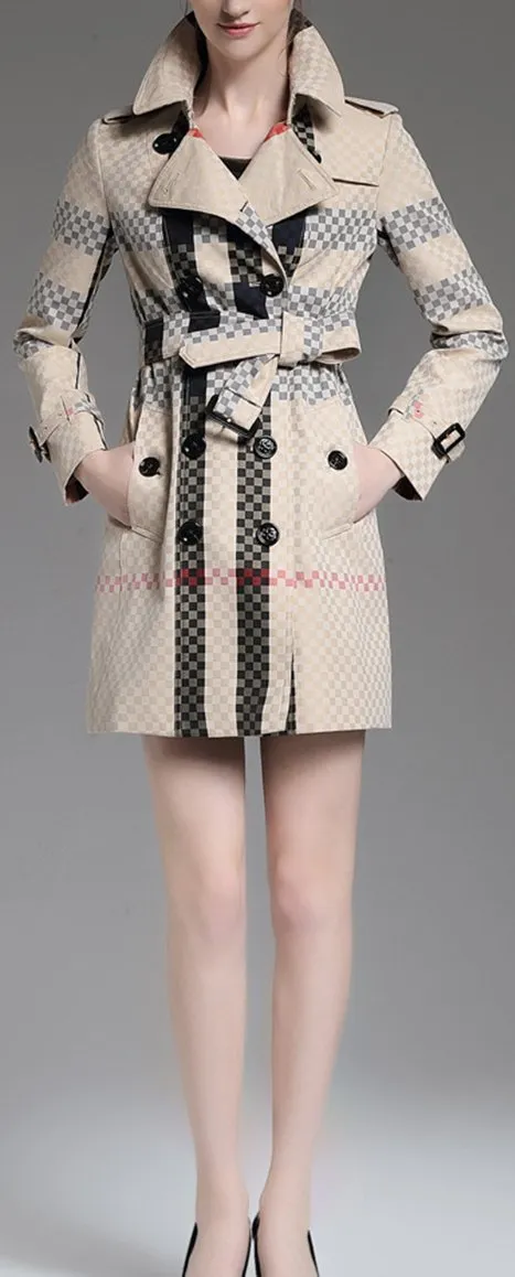 Checkered Check Print Short Trench Coat, Sand