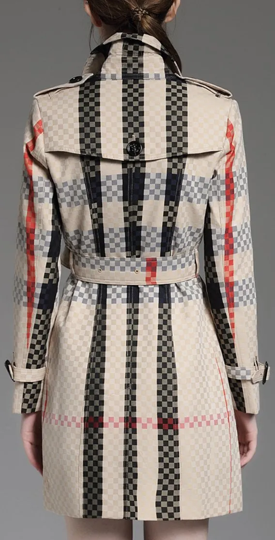 Checkered Check Print Short Trench Coat, Sand