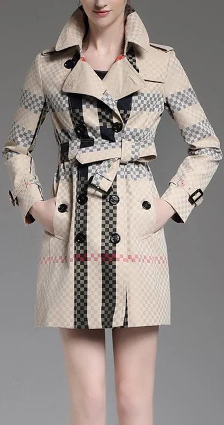 Checkered Check Print Short Trench Coat, Sand