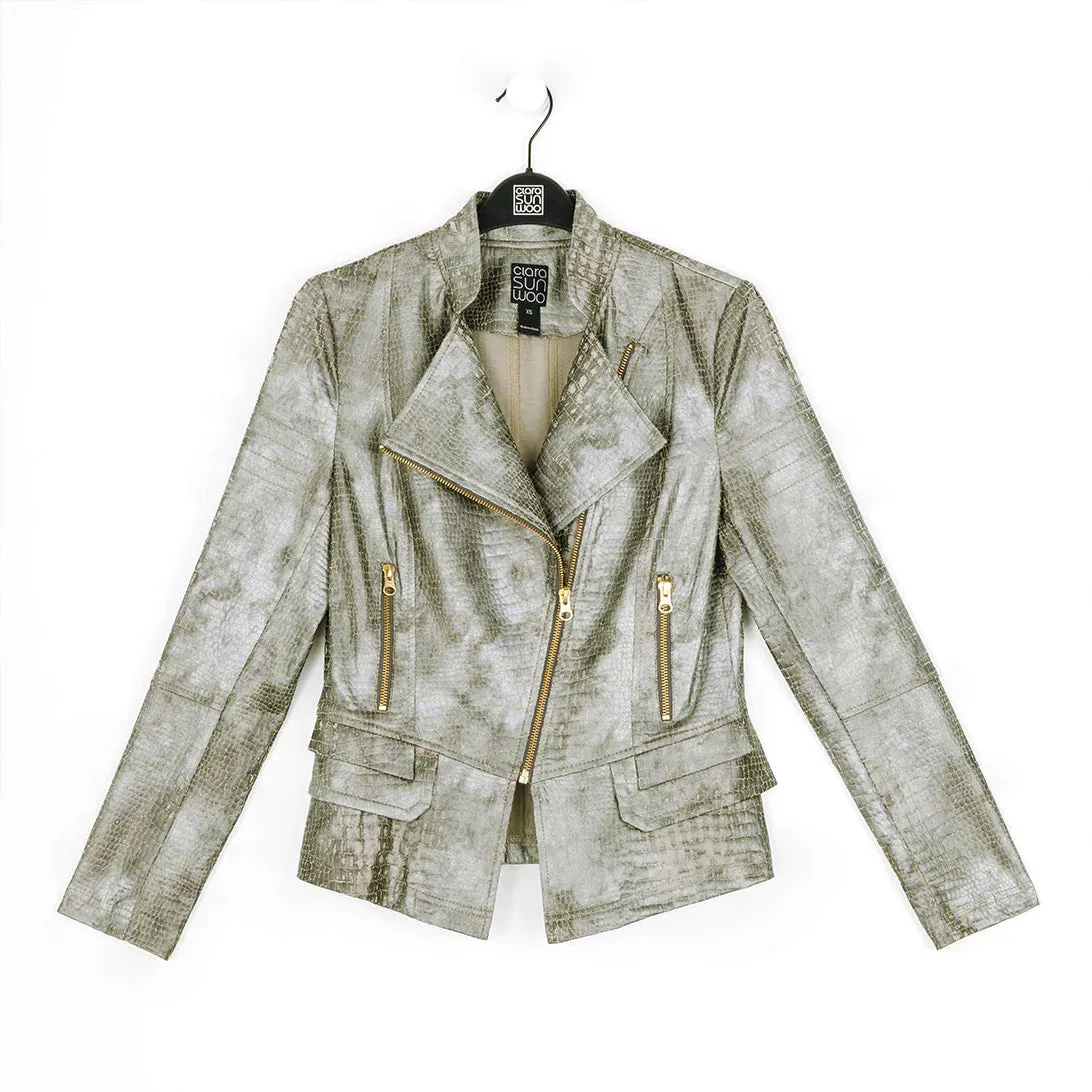 Clara Sunwoo Clothing - Croc Print Liquid Leather Stretch Knit Biker Jacket - Olive