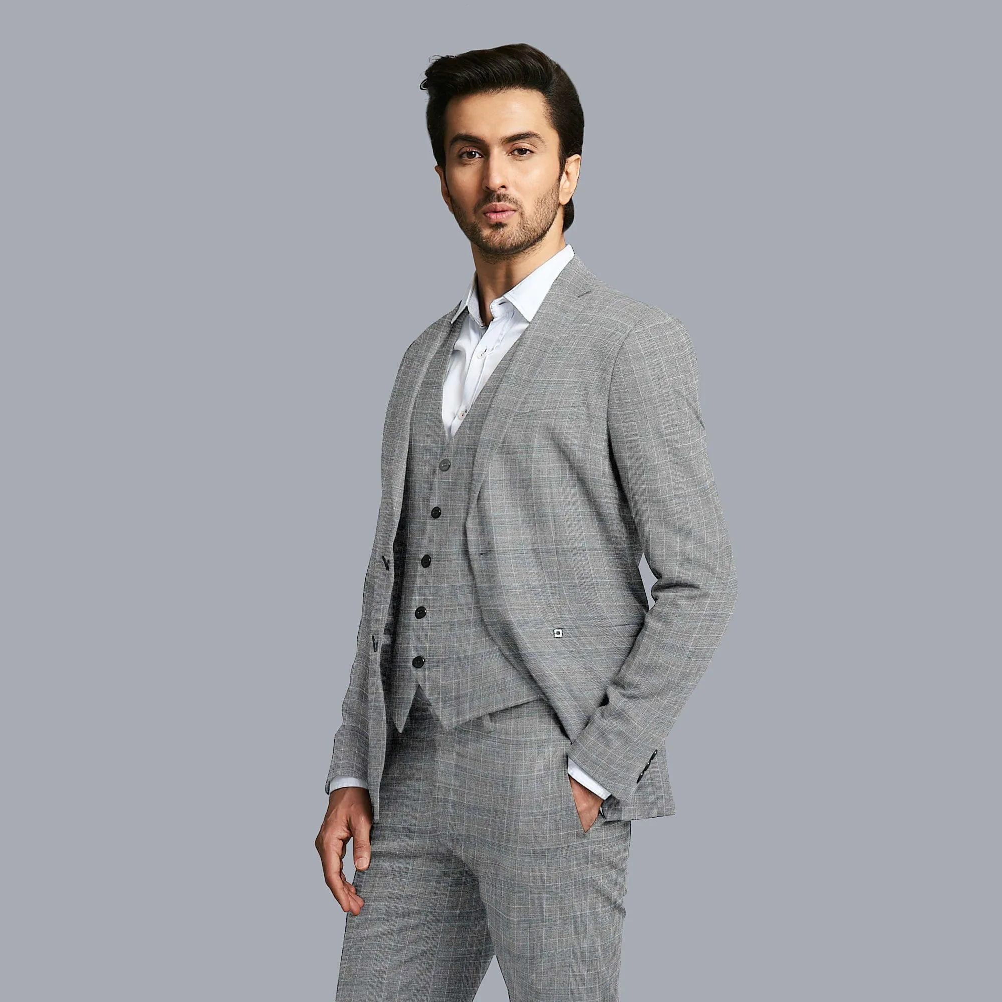 Cloud grey Premium English super 150's wool and cashmere suiting fabric with beige and baby blue checks design-D11421