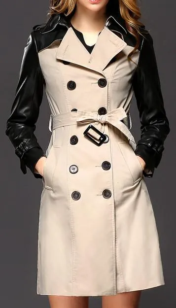 Double-Breasted Faux-Leather-Sleeve Trench Coat