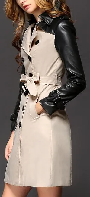 Double-Breasted Faux-Leather-Sleeve Trench Coat