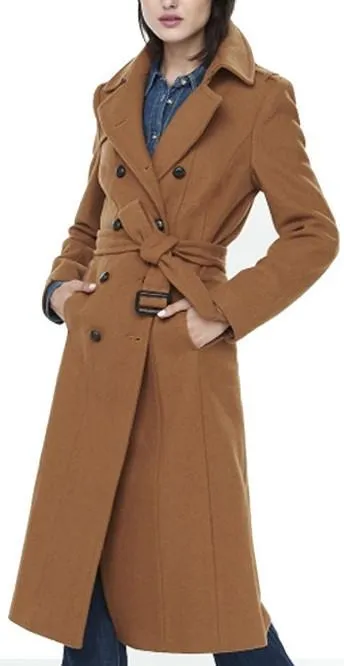 Double Breasted Wool Trench Coat in Khaki