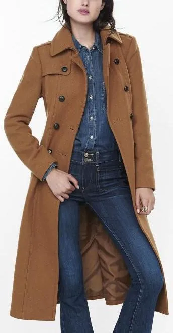 Double Breasted Wool Trench Coat in Khaki