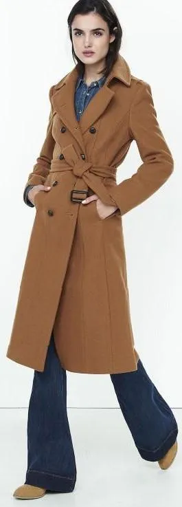 Double Breasted Wool Trench Coat in Khaki