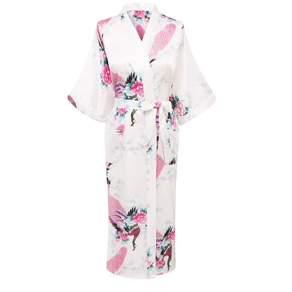 Elegant Long Floral Kimono Womens Robe, Sizes 2 to 18, Floral Lightweight Satin Robes