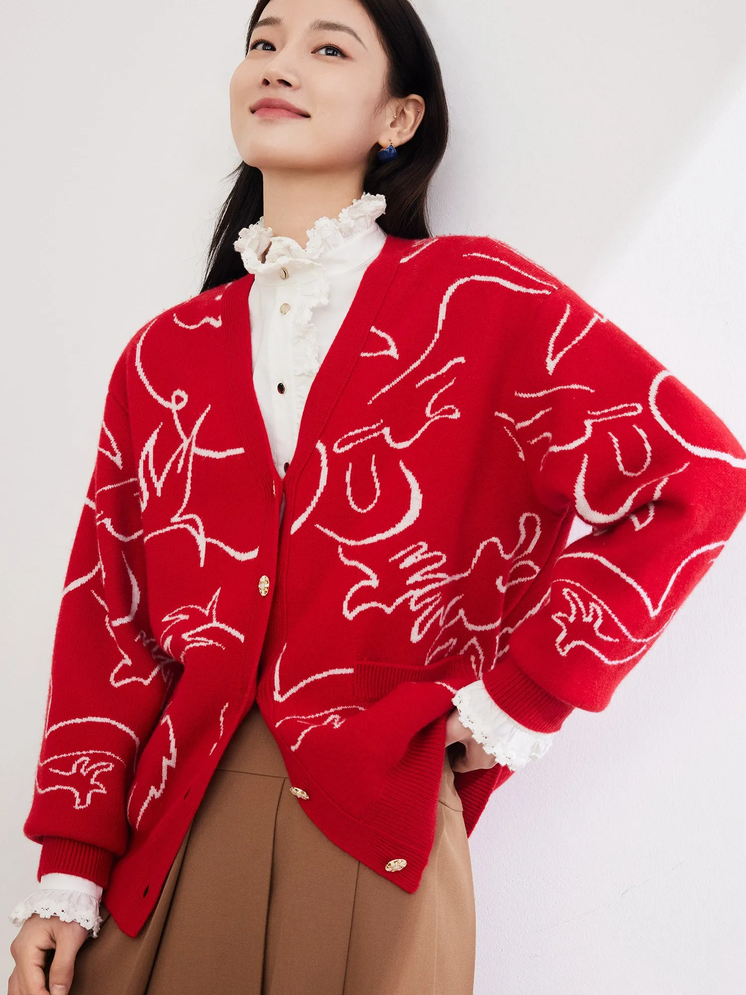 EP YAYING Red Jacquard Knitted Cardigan