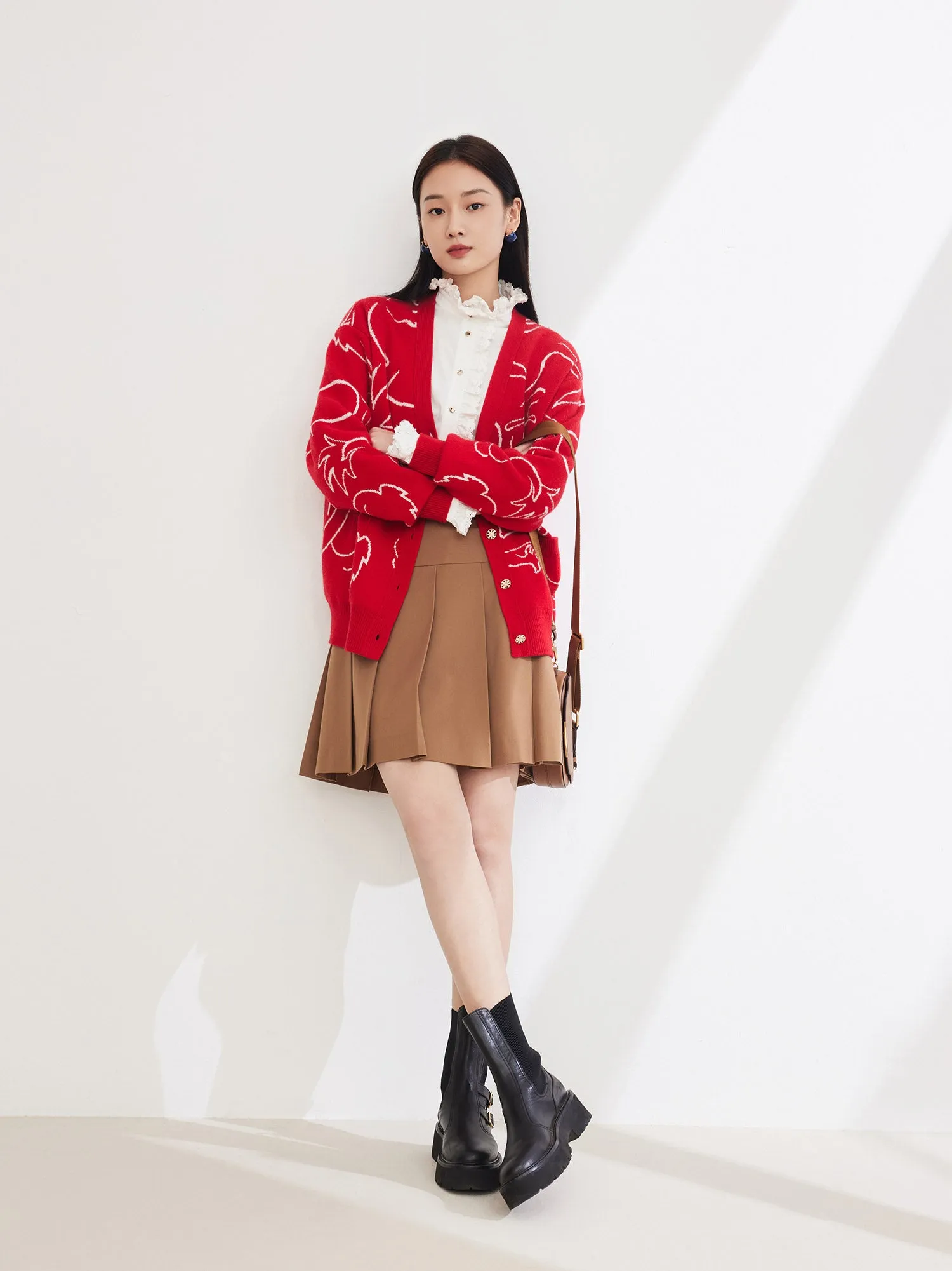 EP YAYING Red Jacquard Knitted Cardigan