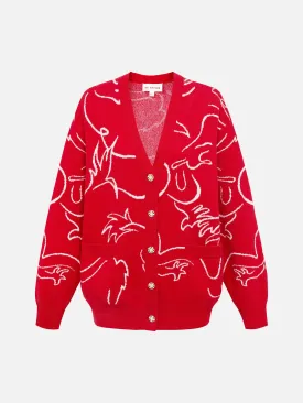 EP YAYING Red Jacquard Knitted Cardigan