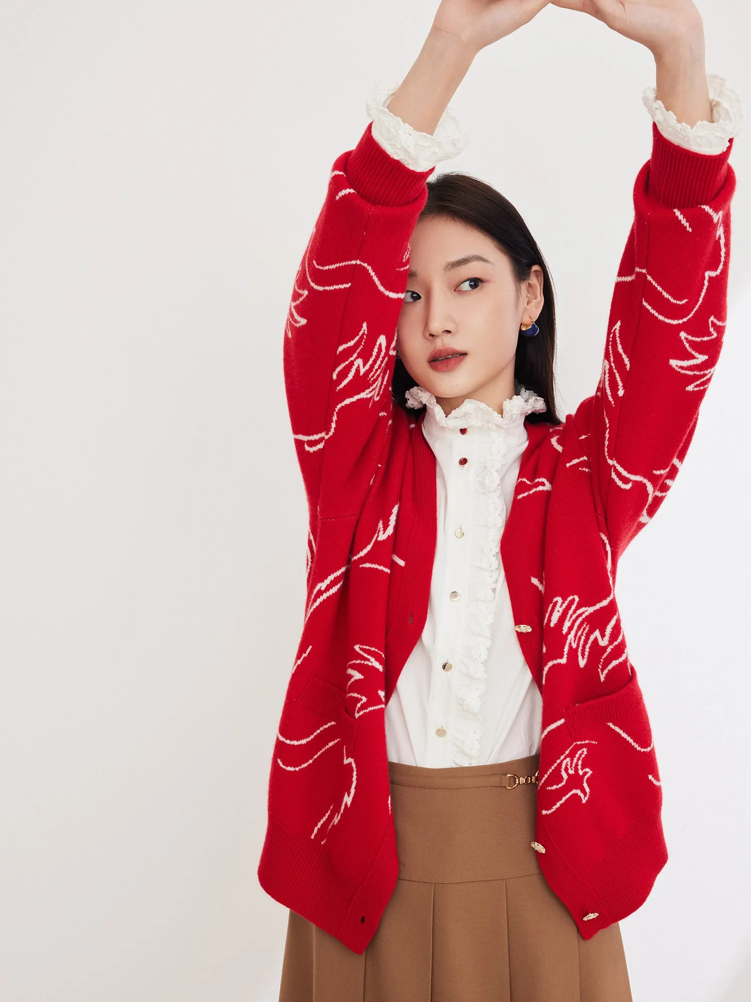 EP YAYING Red Jacquard Knitted Cardigan