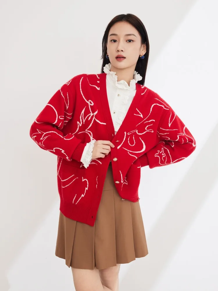 EP YAYING Red Jacquard Knitted Cardigan