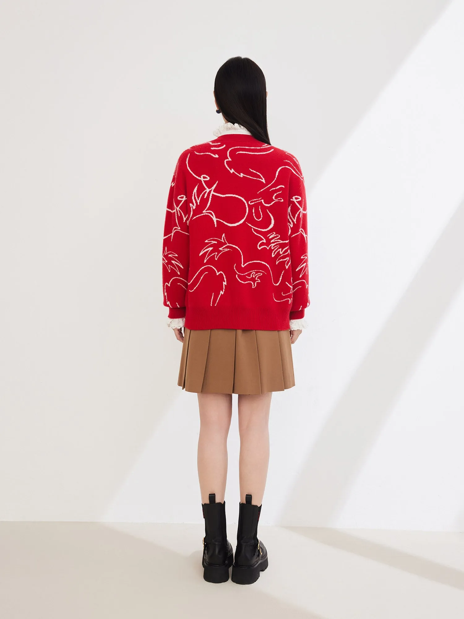 EP YAYING Red Jacquard Knitted Cardigan