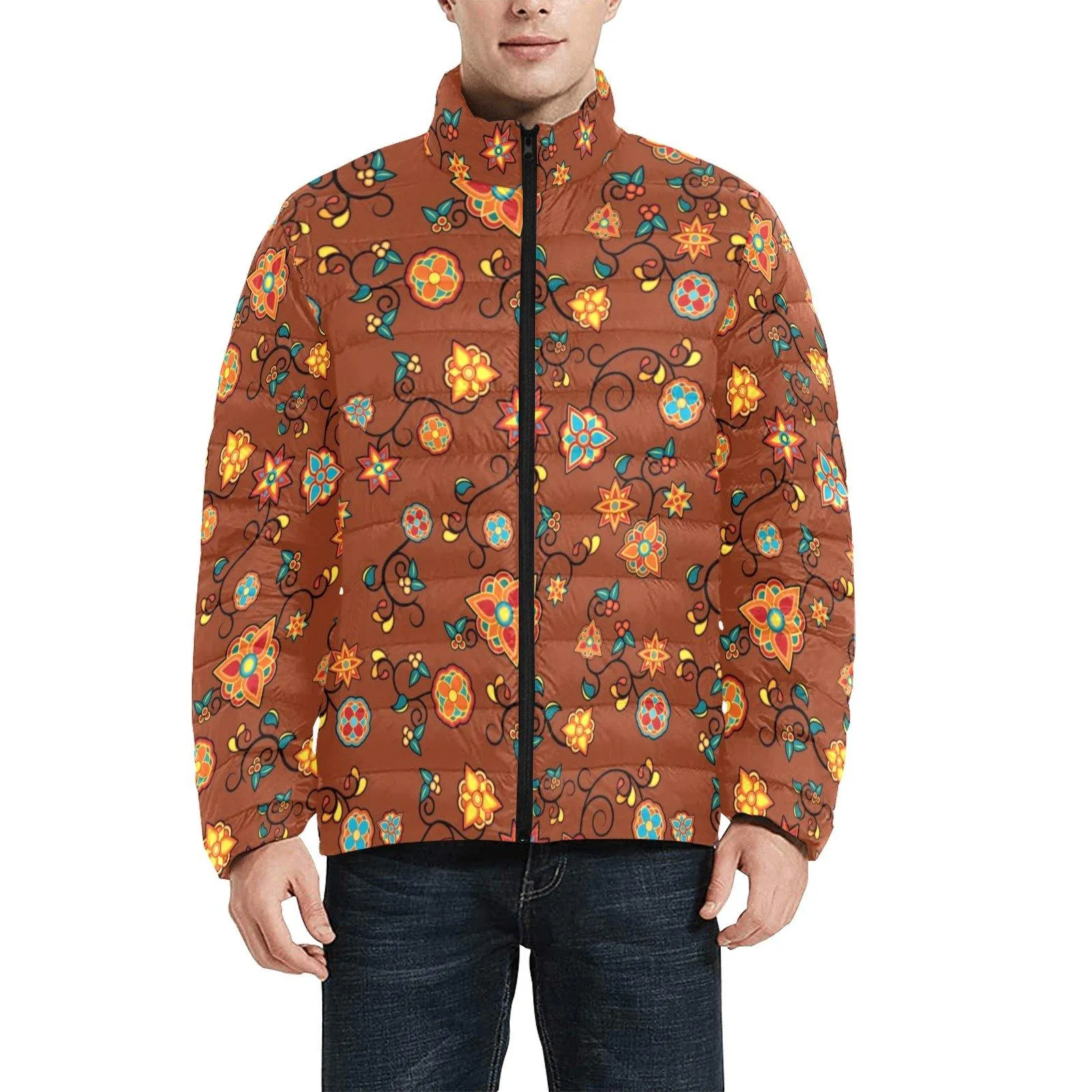 Fire Bloom Shade Men's Stand Collar Padded Jacket