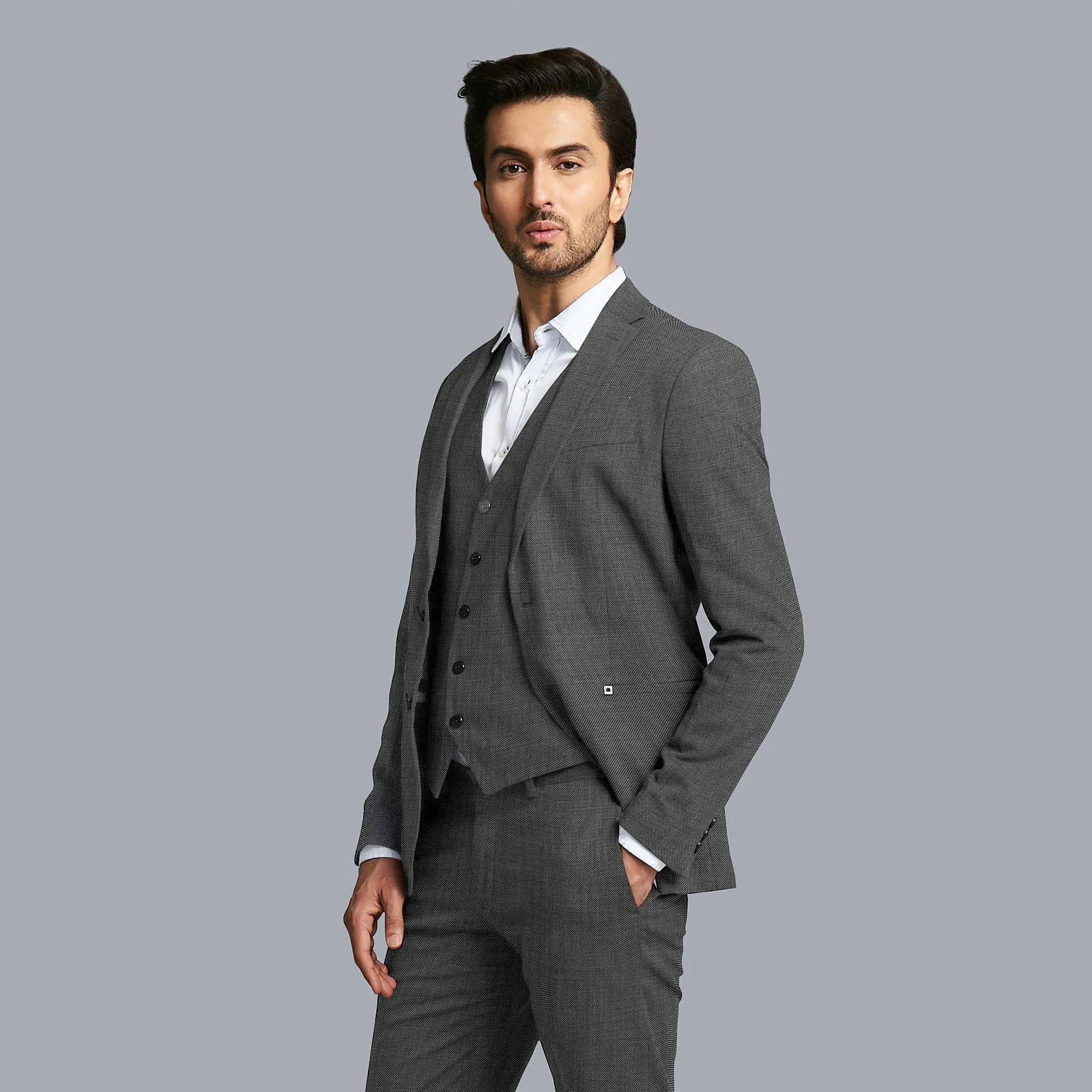 Fossil grey Premium super 130's Australian superfine merino wool suiting fabric with black self design-D11440