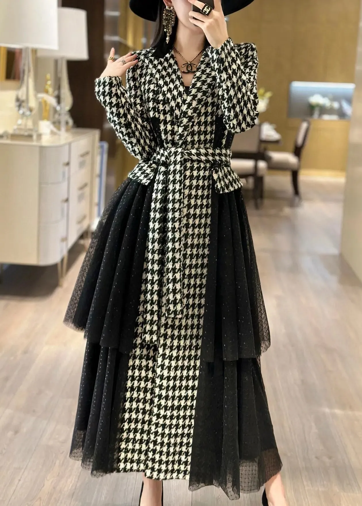 French Plaid Tie Waist Tulle Patchwork Long Trench Coat Fall ML2908