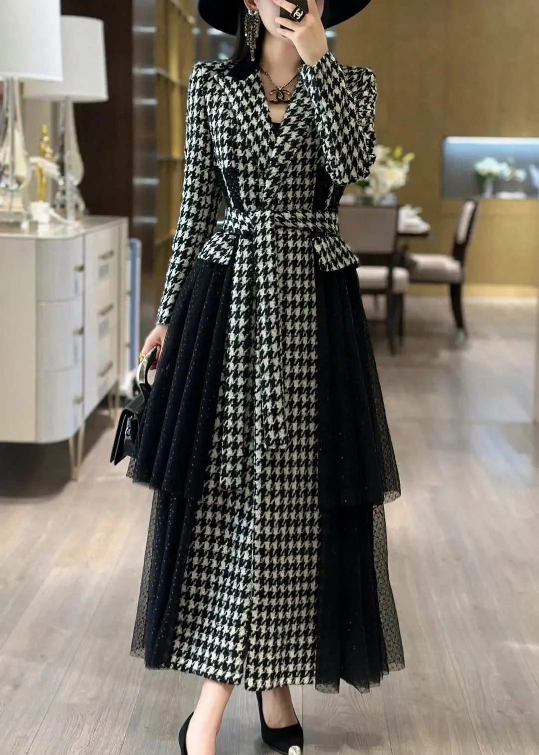 French Plaid Tie Waist Tulle Patchwork Long Trench Coat Fall ML2908